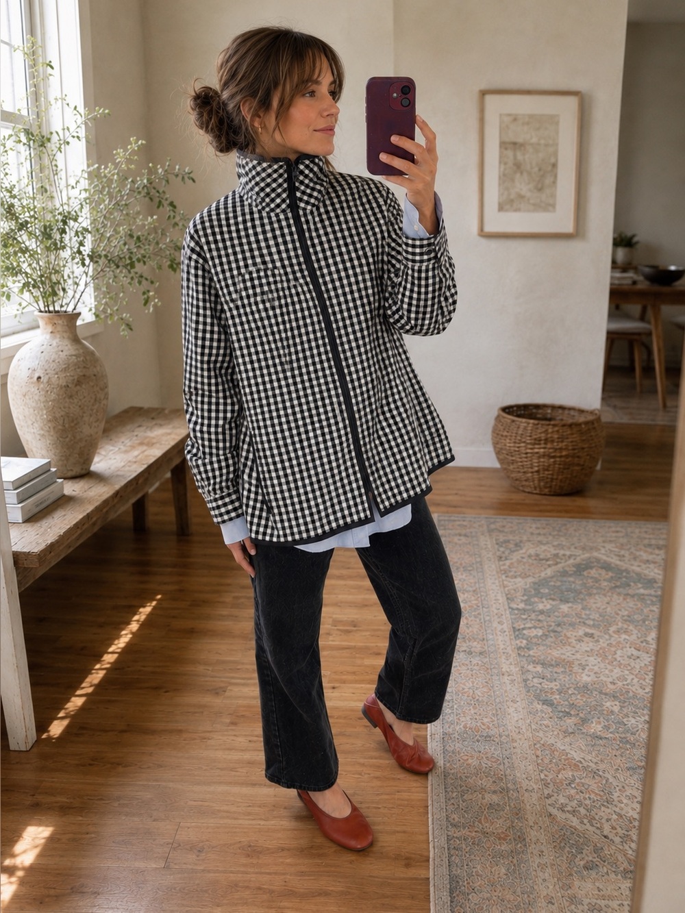 Alia Petite Black & White Gingham Funnel Neck Jacket - petite large